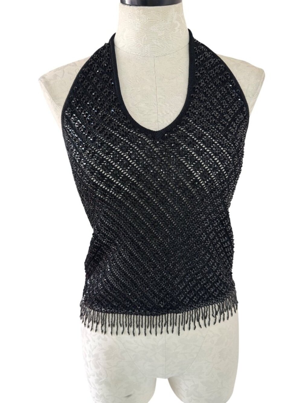 Georgiou Studio Womens Sequin Halter Top Size L Black Beaded Fringe Vintage Part